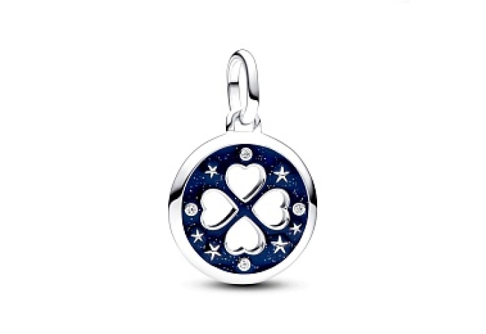 Clover sterling silver medallion with clear cubic zirconia and glittery blue enamel