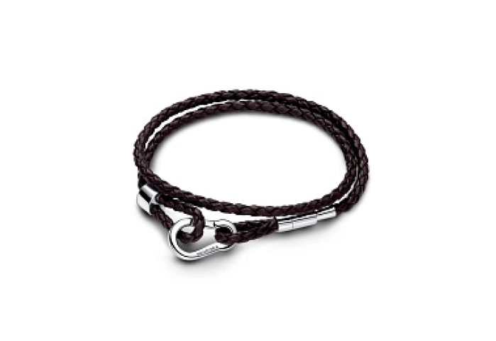 Brown braided double leather bracelet with sterling silver clasp
