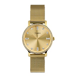 Womens Gold-tone Case and Mesh Bracelet with Clear Crystals