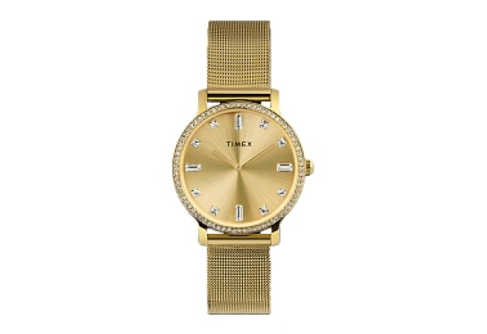 Womens Gold-tone Case and Mesh Bracelet with Clear Crystals