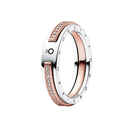 Pandora logo sterling silver and 14k rose gold-plated ring with clear cubic zirconia
