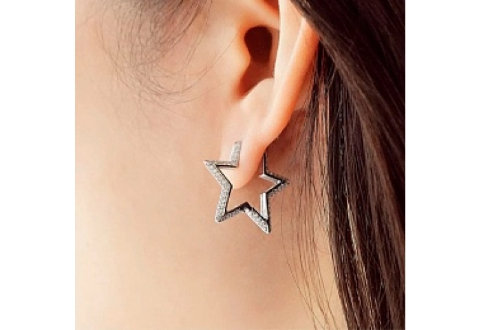 Silver Medium Star Pavé Hoop Earrings
