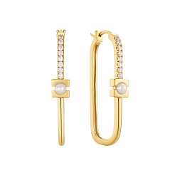 Gold Pearl Modernist Oval Hoop Earrings