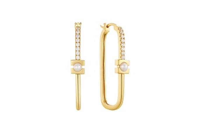 Gold Pearl Modernist Oval Hoop Earrings