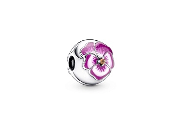 Pansy sterling silver clip with burnt orange crystal, shaded pink and white enamel