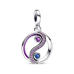 Ying and Yang sterling silver medallion with stellar blue and royal purple crystal and purple enamel