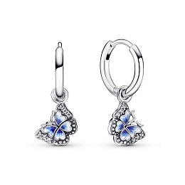 Butterfly sterling silver hoop earrings with clear cubic zirconia, shaded blue and white enamel
