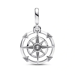 Compass sterling silver medallion with clear cubic zirconia