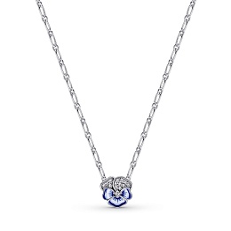 Pansy sterling silver necklace with clear cubic zirconia, shaded blue and white enamel