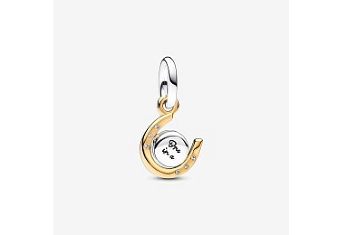 Spinnable horseshoe sterling silver and 14k gold-plated dangle with clear cubic zirconia