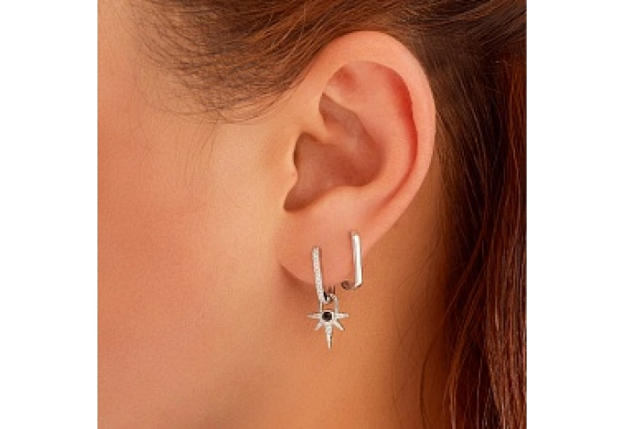 Silver Black Onyx Star Drop Huggies