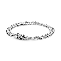 Double snake chain sterling silver braceletwith barrel clasp withclear cubic zirconia /599544C01-D19