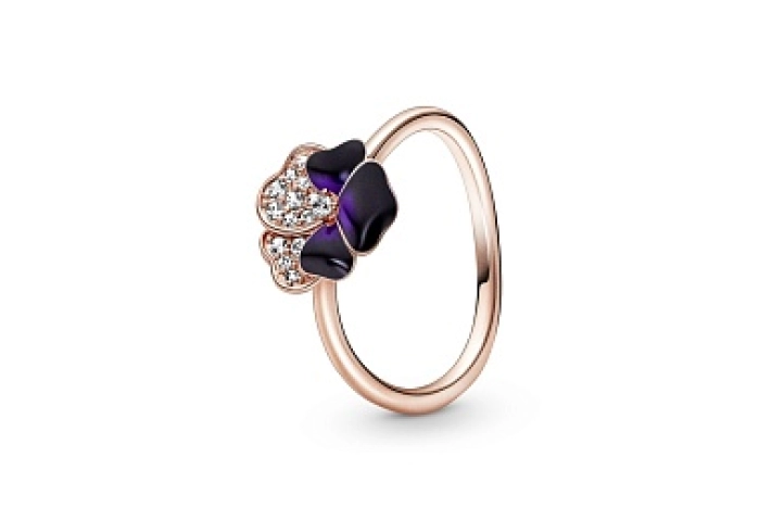 Pansy 14k rose gold-plated ring with clear cubic zirconia and shaded blue and violet enamel