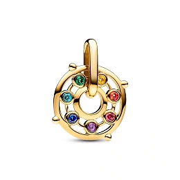 Chakra wheel 14k gold-plated medallion with red cubic zirconia, royal green, sunrise yellow, icy gre