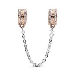 PANDORA Rose logo safety chain with clear cubic zirconia, silicone grip and silver chain/Соединитель