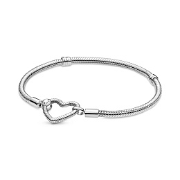 Snake chain sterling silver bracelet with heart cl