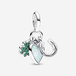 Clover, heart and horseshoe sterling silver dangle with clear cubic zirconia, royal green crystal an