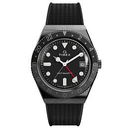 Mens Q GMT 38mm Gray Case Black Dial Black Syn Rub