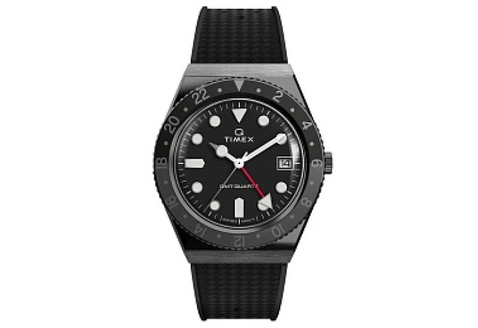 Mens Q GMT 38mm Gray Case Black Dial Black Syn Rub