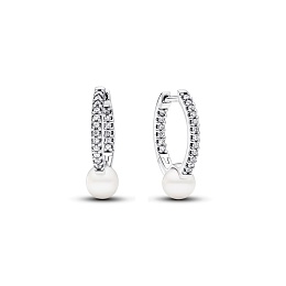 Sterling silver hoop Earrings with clear cubic zirconia and white treated freshwater cultured pearl