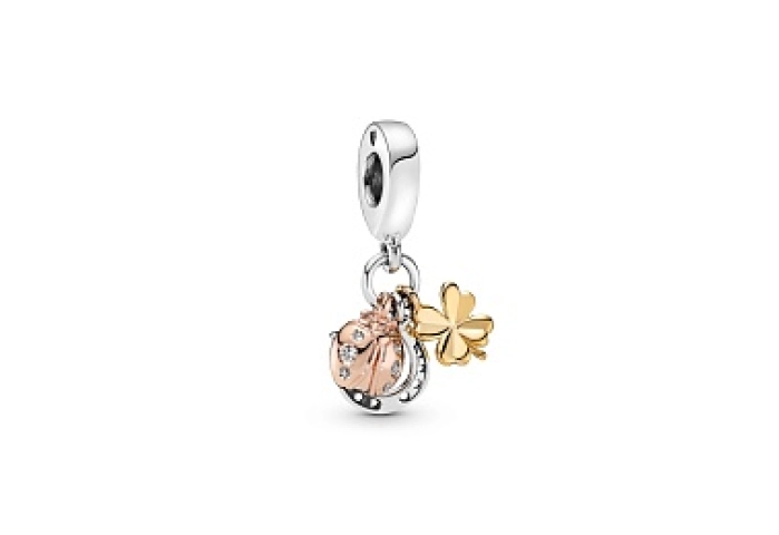 Horseshoe, clover and ladybird in silver, 14k gold