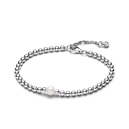 Beaded sterling silver bracelet with white treated freshwater cultured pearl and clear cubic zirconi