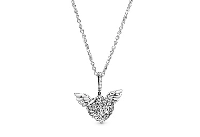 Heart and wings sterling silver pendant with clear