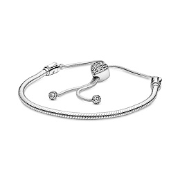 Snake chain sterling silver slider bracelet and heart clasp with clear cubic zirconia/Серебряный бра