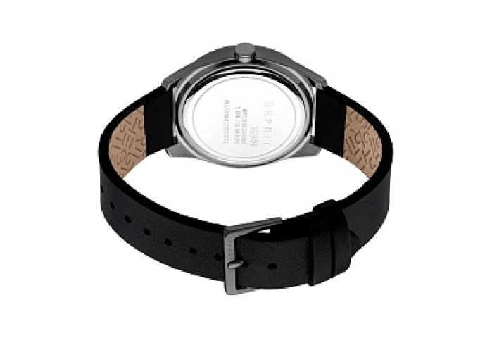 ESPRIT Men Watch, Gun Color Case, Black Dial, Black Leather Strap, 3 Hands Date, 5 ATM