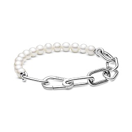 Sterling silver link bracelet with whitefreshwater culturedpearl /599694C01-4