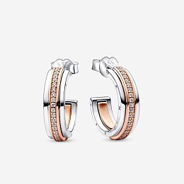 Pandora logo sterling silver and 14k rose gold-plated hoop earrings with clear cubic zirconia