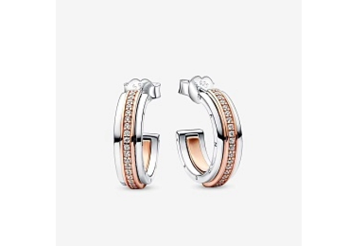 Pandora logo sterling silver and 14k rose gold-plated hoop earrings with clear cubic zirconia