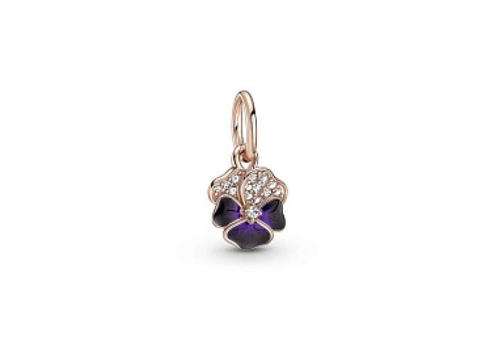 Pansy 14k rose gold-plated dangle with clear cubic zirconia, shaded blue and violet enamel