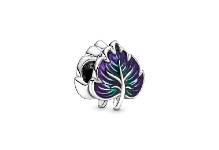 Leaf sterling silver charm with purple anddark green enamel /799542C01