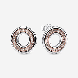 Pandora logo sterling silver and 14k rose gold-plated stud earrings with clear cubic zirconia