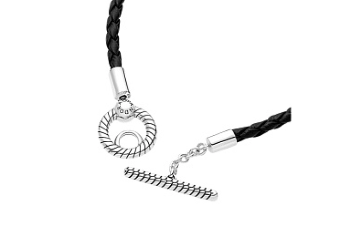 Sterling silver toggle bracelet with black leather