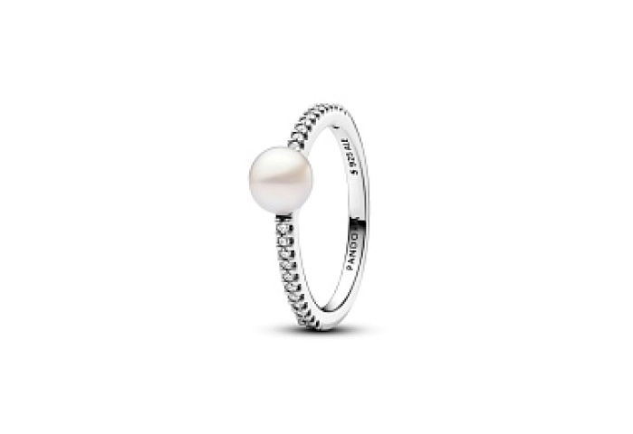 Sterling silver ring with white treated freshwater cultured pearl and clear cubic zirconia