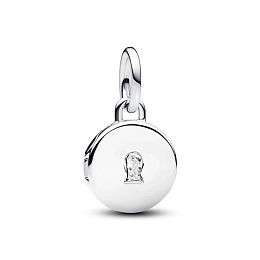 Key hole engravable locket sterling silver dangle with clear cubic zirconia