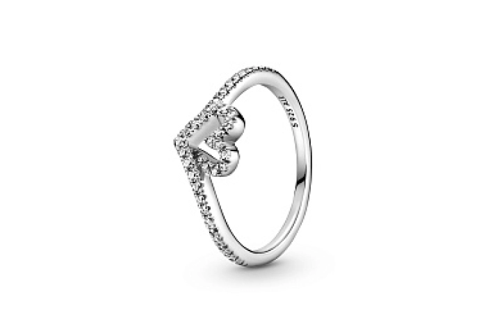 Heart and wishbone sterling silver ring with clear