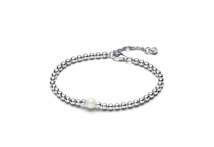 Beaded sterling silver bracelet with white treated freshwater cultured pearl and clear cubic zirconi
