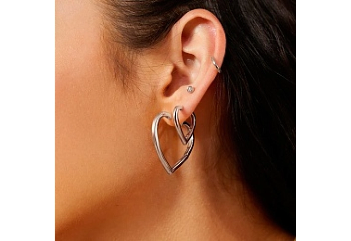Silver Medium Heart Hoop Earrings