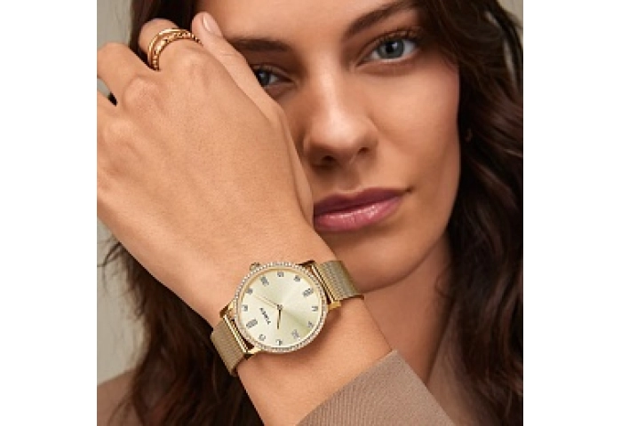Womens Gold-tone Case and Mesh Bracelet with Clear Crystals