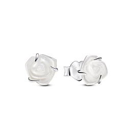 White rose sterling silver stud earrings with white bioresin man-made mother of pearl