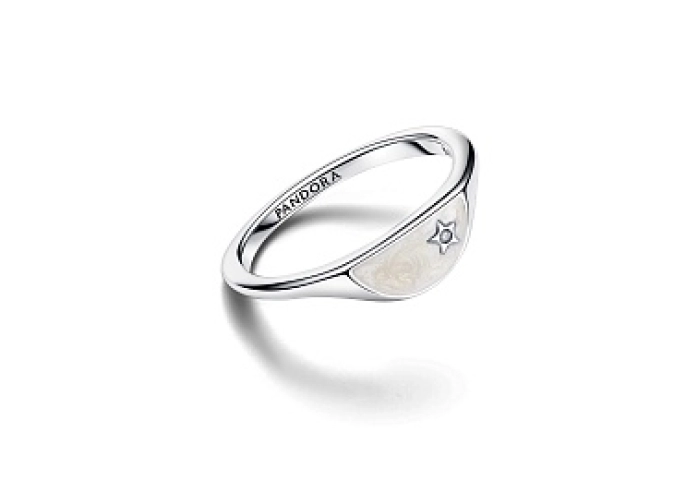 Halved signet sterling silver ring with clear cubic zirconia and shimmering white enamel