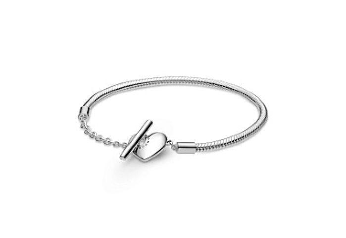 Snake chain sterling silver T-bar heart bracelet