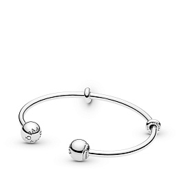 Silver open bangle with silicone stoppers and interchangeable endcaps/Серебряный открытый браслет с 