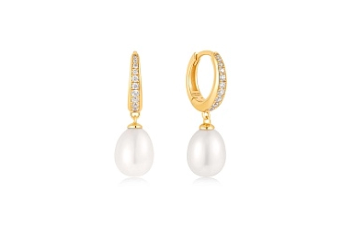 Gold Freshwater cultured pearl and White Cubic Zirconia Pavé Drop Huggies