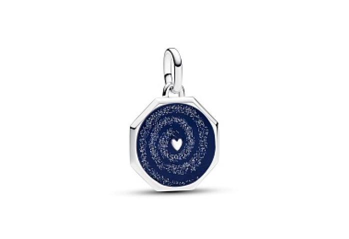 Heart octagon sterling silver medallion with glittery and blue enamel