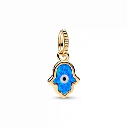 Hamsa hand 14k gold-plated dangle with deep blue and white lab-created opal and black man-made compo