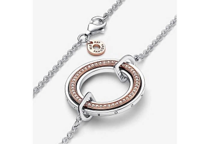 Pandora logo sterling silver and 14k rose gold-plated necklace with clear cubic zirconia